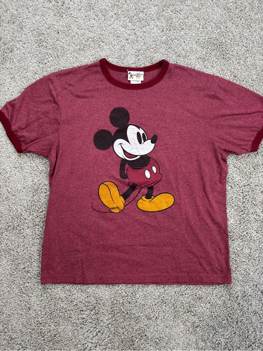 Vintage Disney Maroon Mickey Mouse Graphic Tee with Yellow Shoes